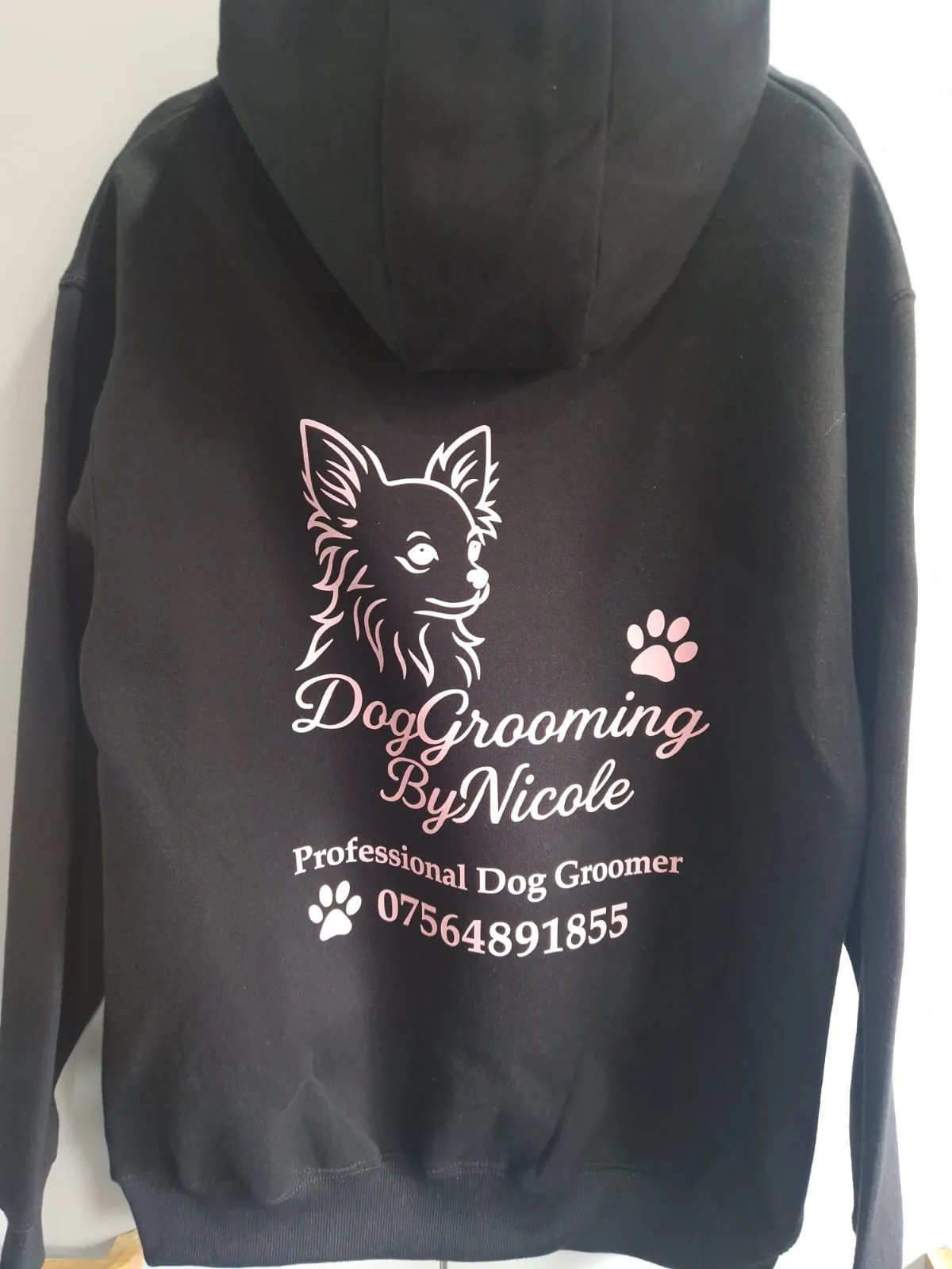 Black Dog Grooming by Nicole hoodie with back logo and contact number