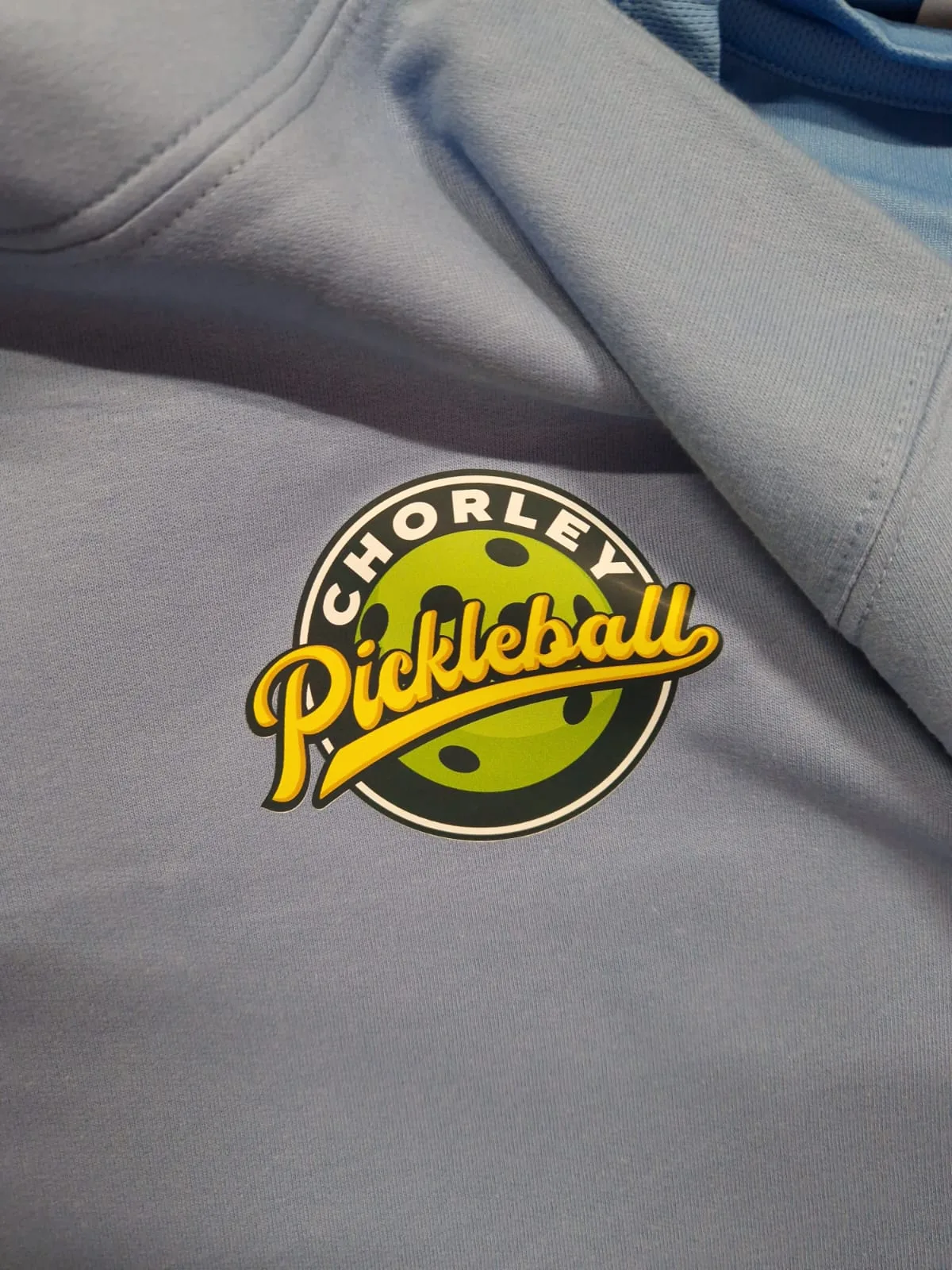 Light blue hoodie with Chorley Pickleball chest logo and personalised initials